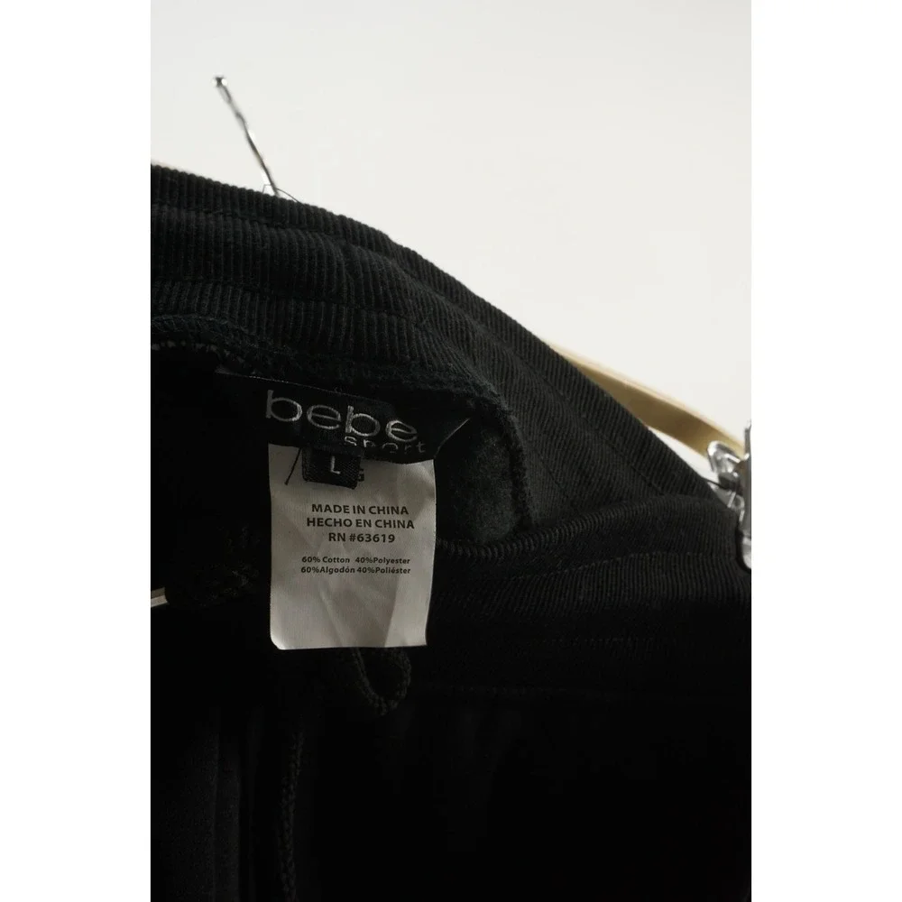 $79 Bebe‎ Sport Fleece Jogger Sweatpants Women's Large Stretch Black Silver Logo